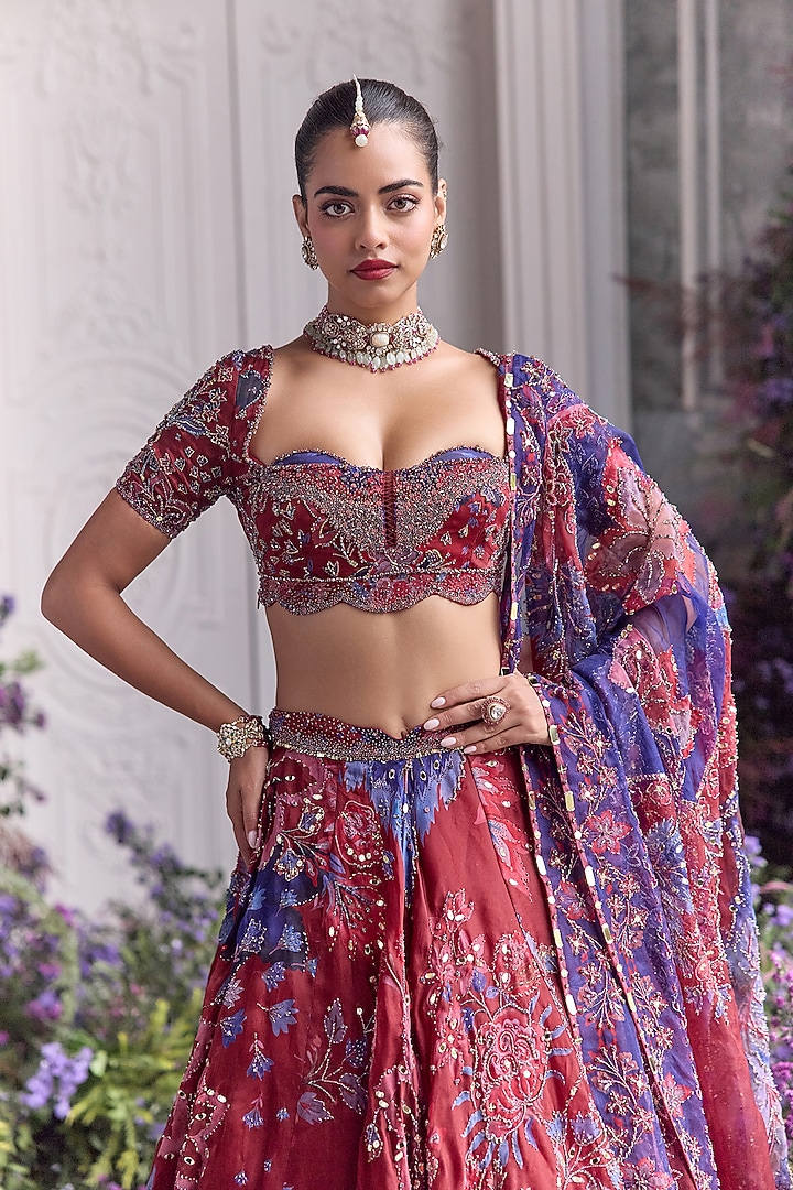 Royal Red Silk Organza Embroidered & Printed Bridal Lehenga Set by Mahima Mahajan at Pernia's Pop Up Shop