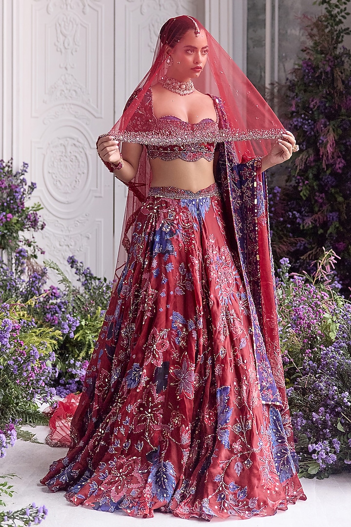 Royal Red Silk Organza Embroidered & Printed Bridal Lehenga Set by Mahima Mahajan at Pernia's Pop Up Shop