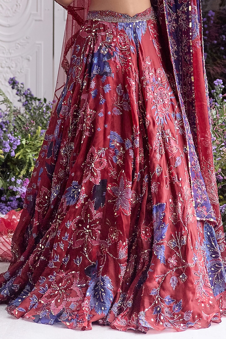 Royal Red Silk Organza Embroidered & Printed Bridal Lehenga Set by Mahima Mahajan at Pernia's Pop Up Shop