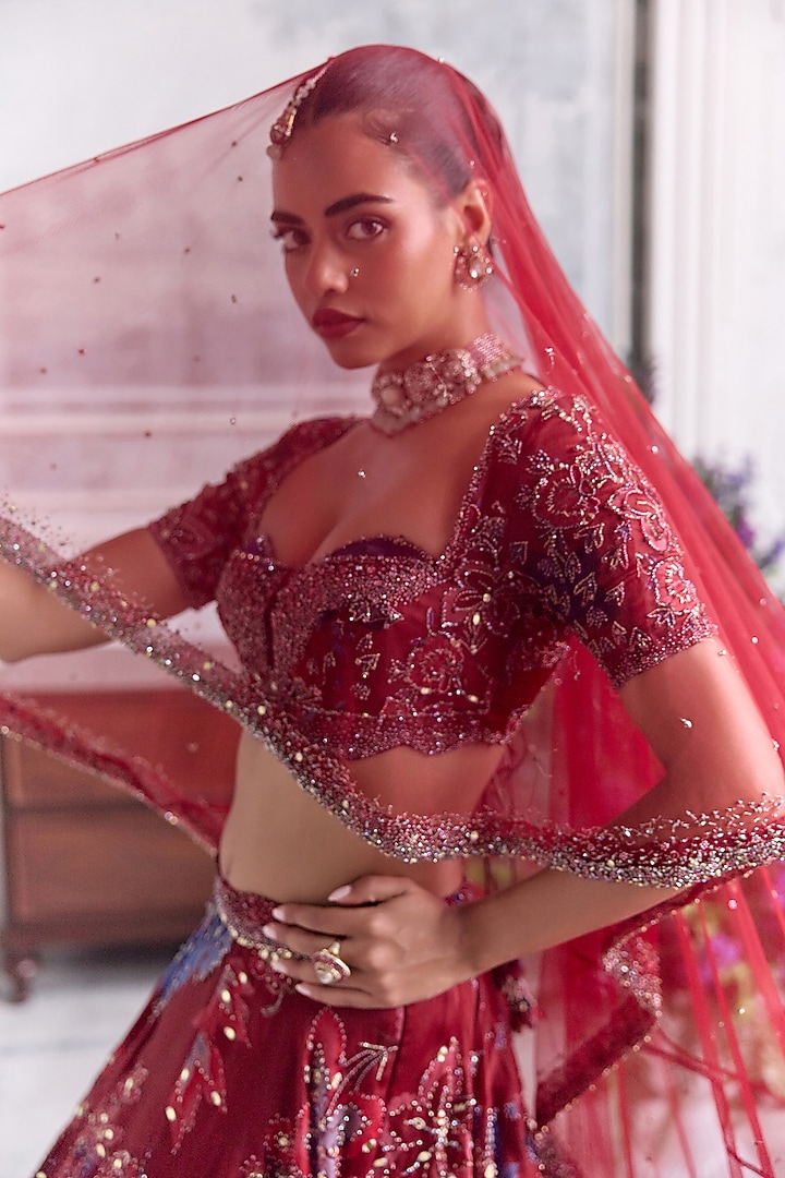 Royal Red Silk Organza Embroidered & Printed Bridal Lehenga Set by Mahima Mahajan at Pernia's Pop Up Shop