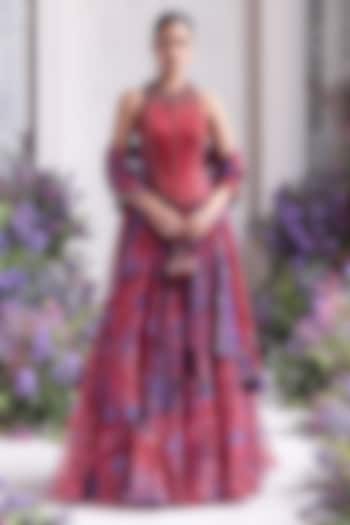 Royal Red Silk Organza Floral Printed Wedding Lehenga Set by Mahima Mahajan at Pernia's Pop Up Shop