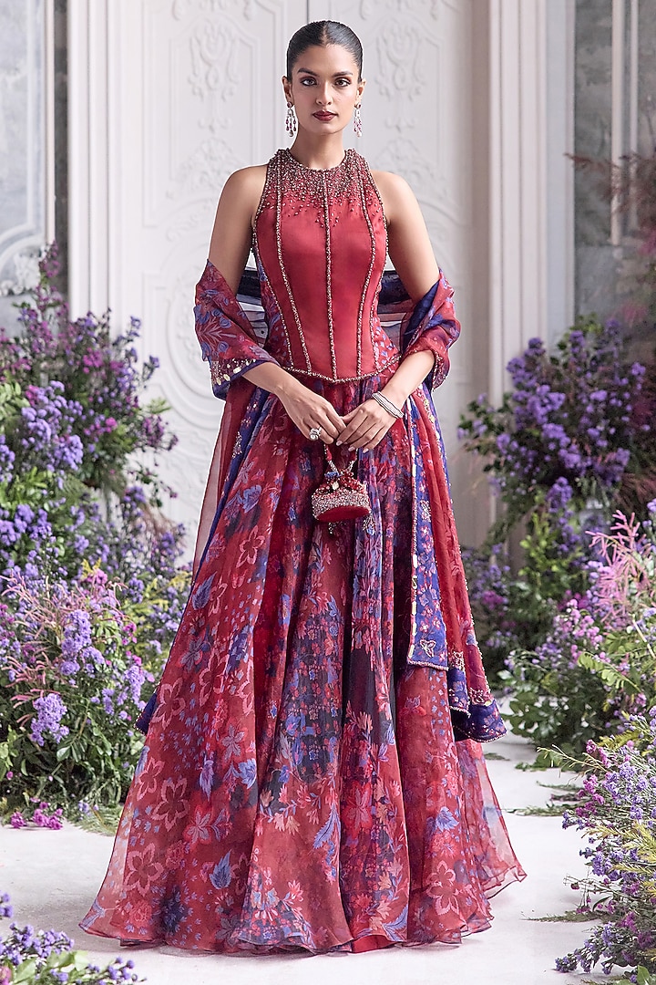 Royal Red Silk Organza Floral Printed Wedding Lehenga Set by Mahima Mahajan at Pernia's Pop Up Shop