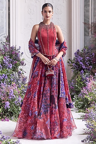 Royal Red Silk Organza Floral Printed Lehenga Set by Mahima Mahajan