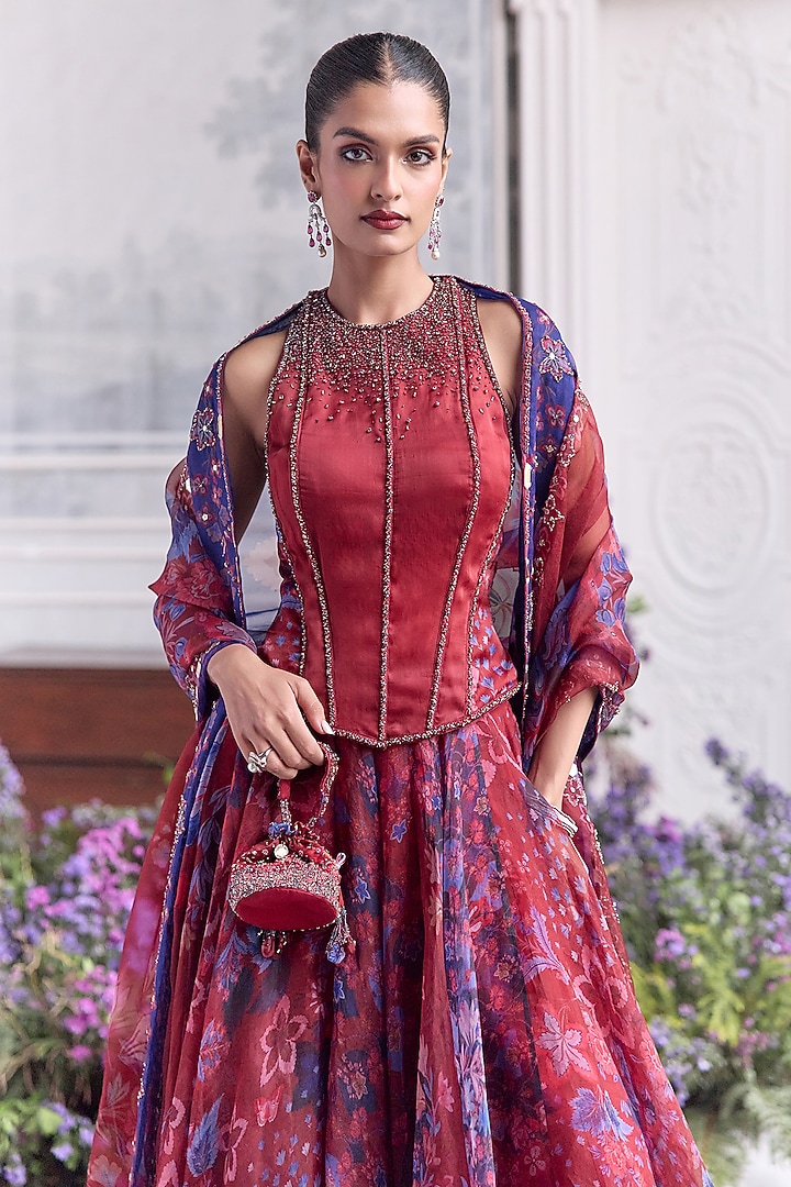 Royal Red Silk Organza Floral Printed Wedding Lehenga Set by Mahima Mahajan at Pernia's Pop Up Shop
