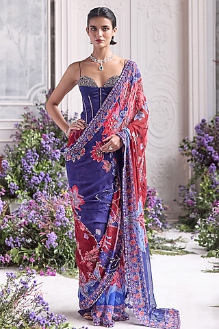 Royal Red Silk Organza Embroidered & Printed Pre-Draped Saree Set by Mahima Mahajan