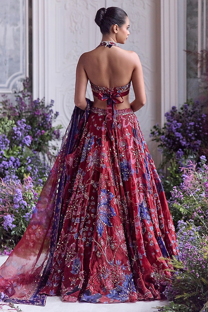 Royal Red Silk Organza Embroidered & Printed Bridal Lehenga Set by Mahima Mahajan at Pernia's Pop Up Shop