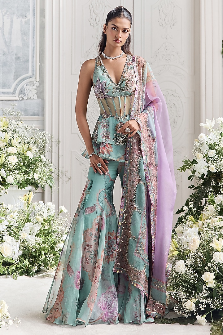 Jade Green Silk Organza Floral Printed Bridal Sharara Set by Mahima Mahajan at Pernia's Pop Up Shop