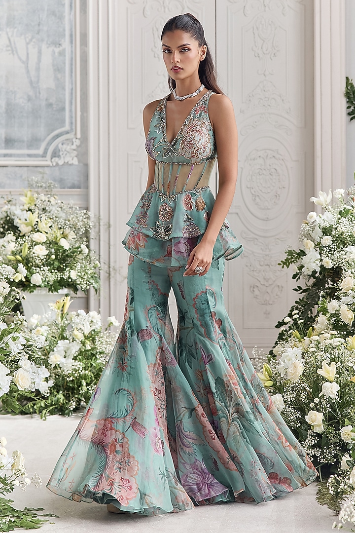 Jade Green Silk Organza Floral Printed Bridal Sharara Set by Mahima Mahajan at Pernia's Pop Up Shop
