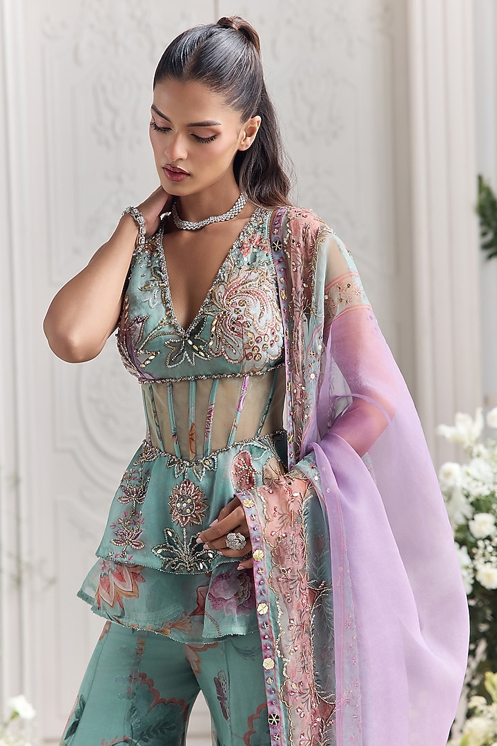 Jade Green Silk Organza Floral Printed Bridal Sharara Set by Mahima Mahajan at Pernia's Pop Up Shop