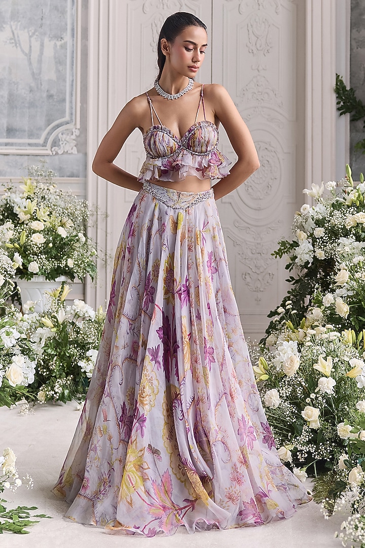 Lilac Silk Organza Floral Printed Wedding Lehenga Set by Mahima Mahajan at Pernia's Pop Up Shop