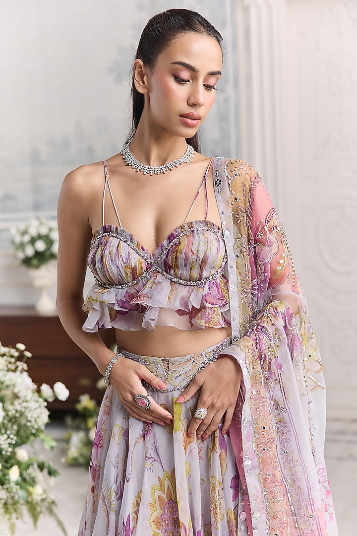 Lilac Silk Organza Floral Printed Wedding Lehenga Set by Mahima Mahajan at Pernia's Pop Up Shop