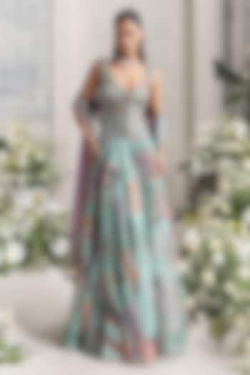 Jade Green Silk Organza Embroidered & Printed Bridal Anarkali Set by Mahima Mahajan at Pernia's Pop Up Shop