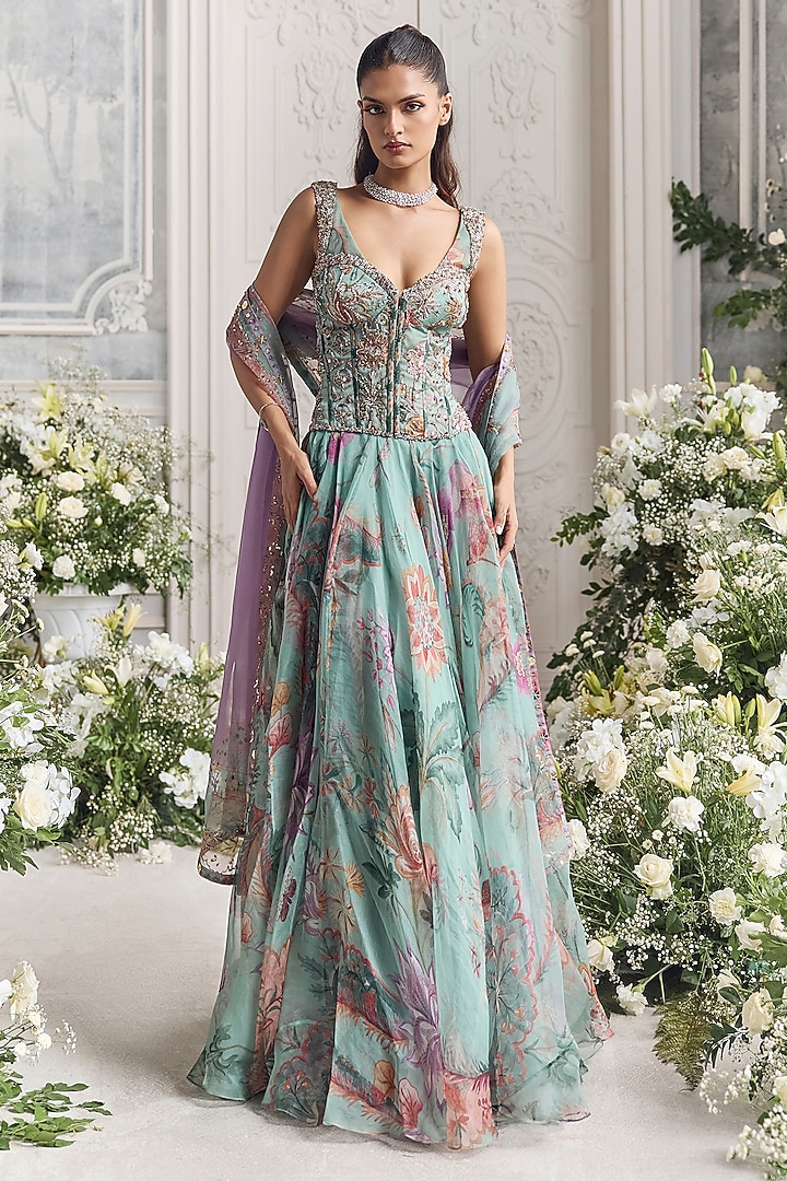 Jade Green Silk Organza Embroidered & Printed Bridal Anarkali Set by Mahima Mahajan at Pernia's Pop Up Shop