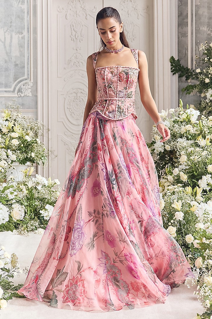 Blush Pink Silk Organza Floral Printed Wedding Lehenga Set by Mahima Mahajan at Pernia's Pop Up Shop