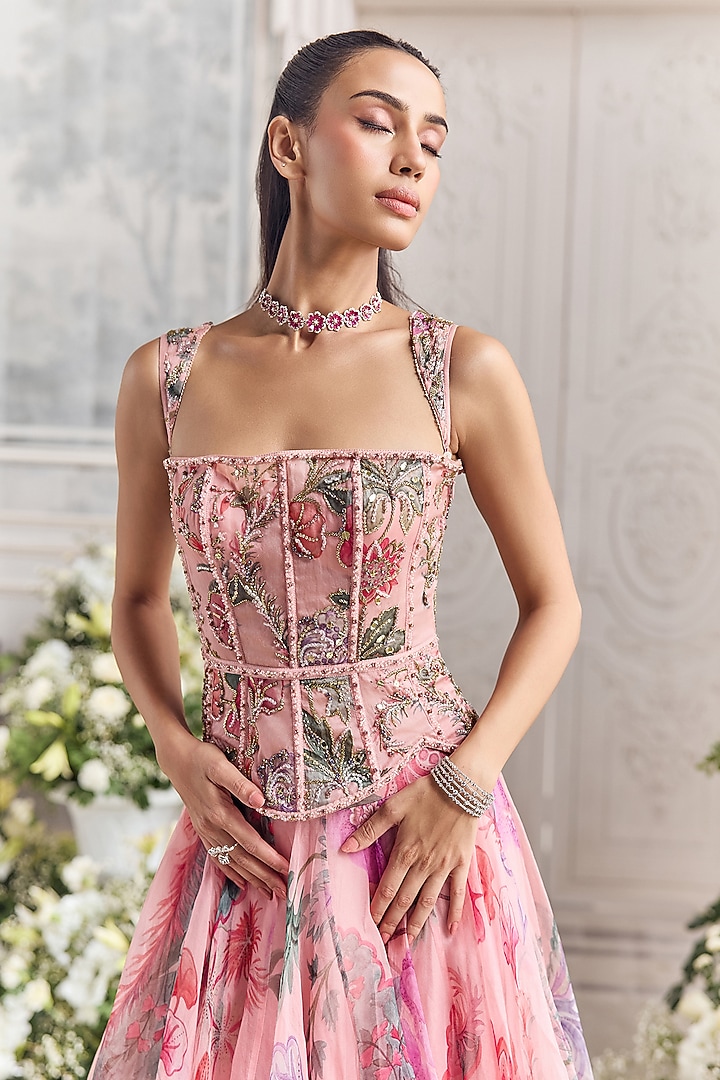 Blush Pink Silk Organza Floral Printed Wedding Lehenga Set by Mahima Mahajan at Pernia's Pop Up Shop