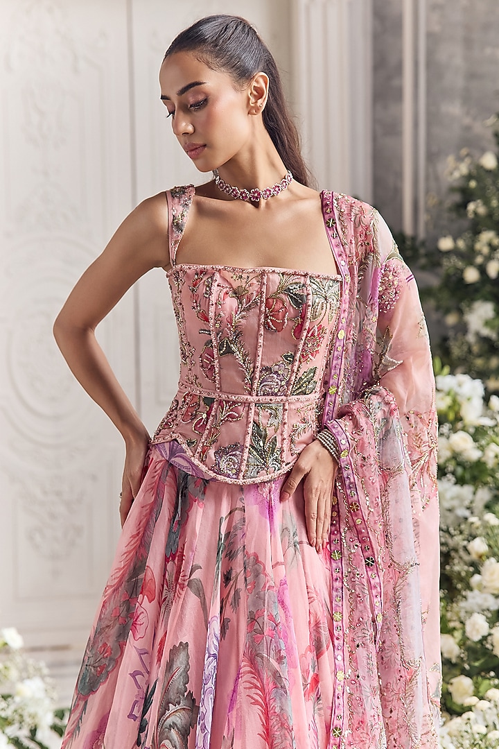Blush Pink Silk Organza Floral Printed Wedding Lehenga Set by Mahima Mahajan at Pernia's Pop Up Shop
