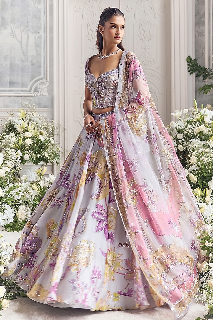 Lilac Silk Organza Printed Wedding Lehenga Set by Mahima Mahajan at Pernia's Pop Up Shop