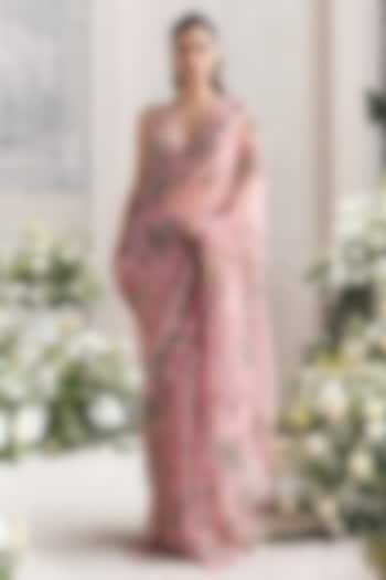 Blush Pink Silk Organza Printed Pre-Draped Reception Saree Set by Mahima Mahajan at Pernia's Pop Up Shop