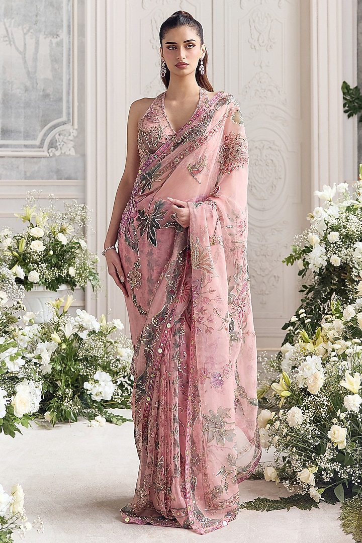 Blush Pink Silk Organza Printed Pre-Draped Reception Saree Set by Mahima Mahajan at Pernia's Pop Up Shop