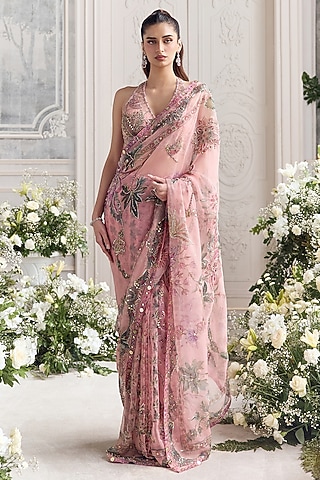 Blush Pink Silk Organza Printed Pre-Draped Saree Set by Mahima Mahajan