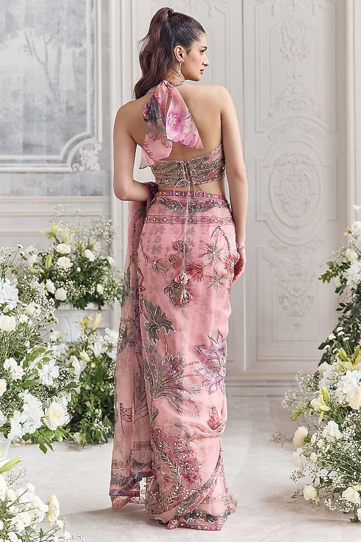 Blush Pink Silk Organza Printed Pre-Draped Reception Saree Set by Mahima Mahajan at Pernia's Pop Up Shop