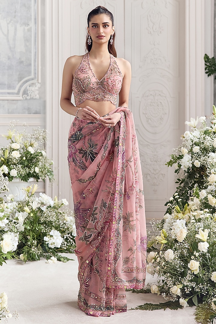 Blush Pink Silk Organza Printed Pre-Draped Reception Saree Set by Mahima Mahajan at Pernia's Pop Up Shop