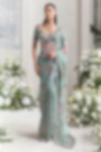 Jade Green Silk Organza Embroidered Pre-Draped Reception Saree Set by Mahima Mahajan at Pernia's Pop Up Shop