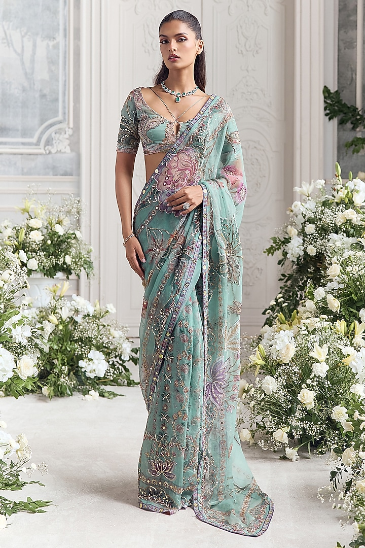 Jade Green Silk Organza Embroidered Pre-Draped Reception Saree Set by Mahima Mahajan at Pernia's Pop Up Shop