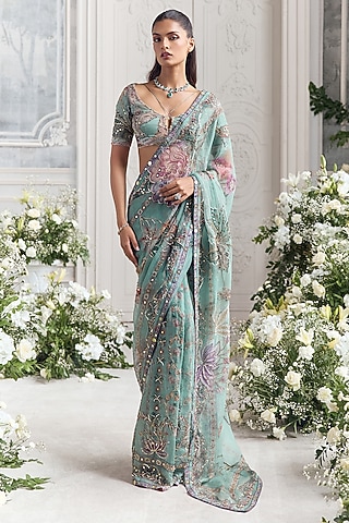 Jade Green Silk Organza Embroidered Pre-Draped Saree Set by Mahima Mahajan