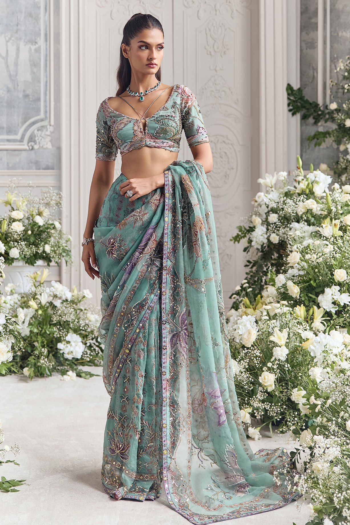 Dark Jade Green Crystal Linear Embroidered Saree main image 1