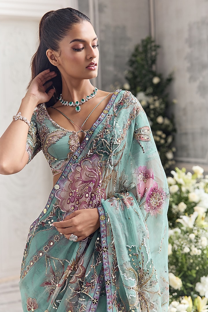 Jade Green Silk Organza Embroidered Pre-Draped Reception Saree Set by Mahima Mahajan at Pernia's Pop Up Shop