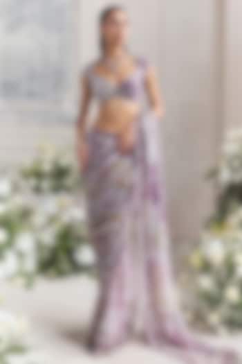 Lilac Silk Organza Embroidered & Printed Pre-Draped Reception Saree Set by Mahima Mahajan at Pernia's Pop Up Shop