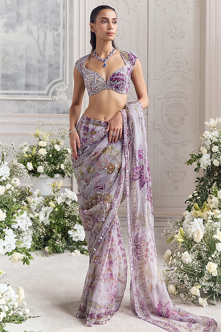 Lilac Silk Organza Embroidered & Printed Pre-Draped Reception Saree Set by Mahima Mahajan at Pernia's Pop Up Shop