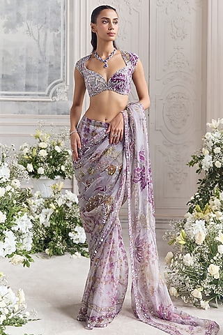 Lilac Silk Organza Embroidered & Printed Pre-Draped Saree Set by Mahima Mahajan