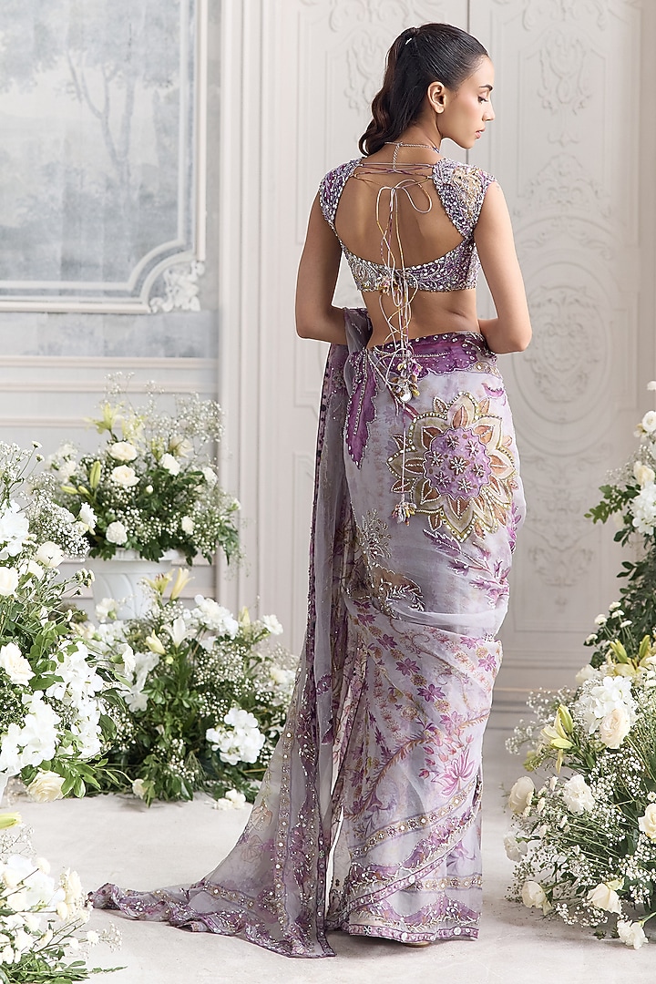 Lilac Silk Organza Embroidered & Printed Pre-Draped Reception Saree Set by Mahima Mahajan at Pernia's Pop Up Shop