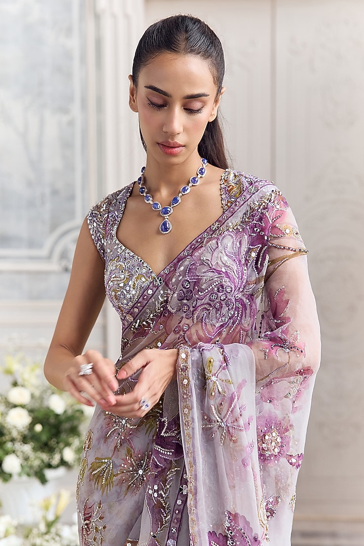 Lilac Silk Organza Embroidered & Printed Pre-Draped Reception Saree Set by Mahima Mahajan at Pernia's Pop Up Shop