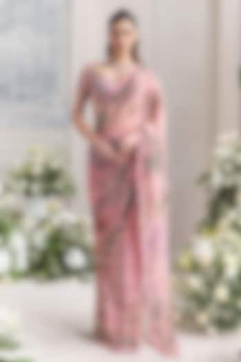 Blush Pink Silk Organza Embroidered Pre-Draped Reception Saree Set by Mahima Mahajan at Pernia's Pop Up Shop