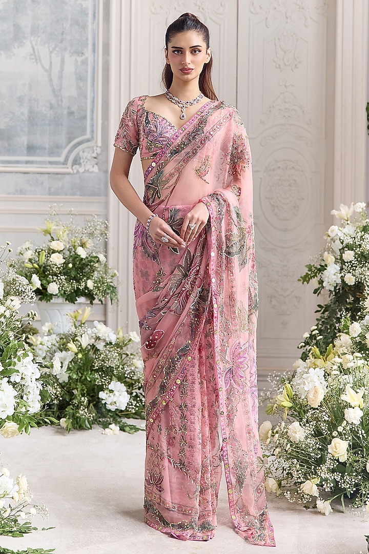 Blush Pink Silk Organza Embroidered Pre-Draped Reception Saree Set by Mahima Mahajan at Pernia's Pop Up Shop