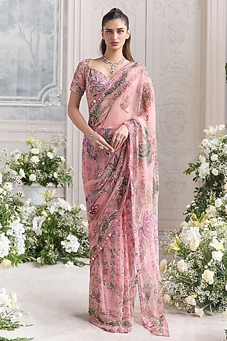 Blush Pink Silk Organza Embroidered Pre-Draped Saree Set by Mahima Mahajan