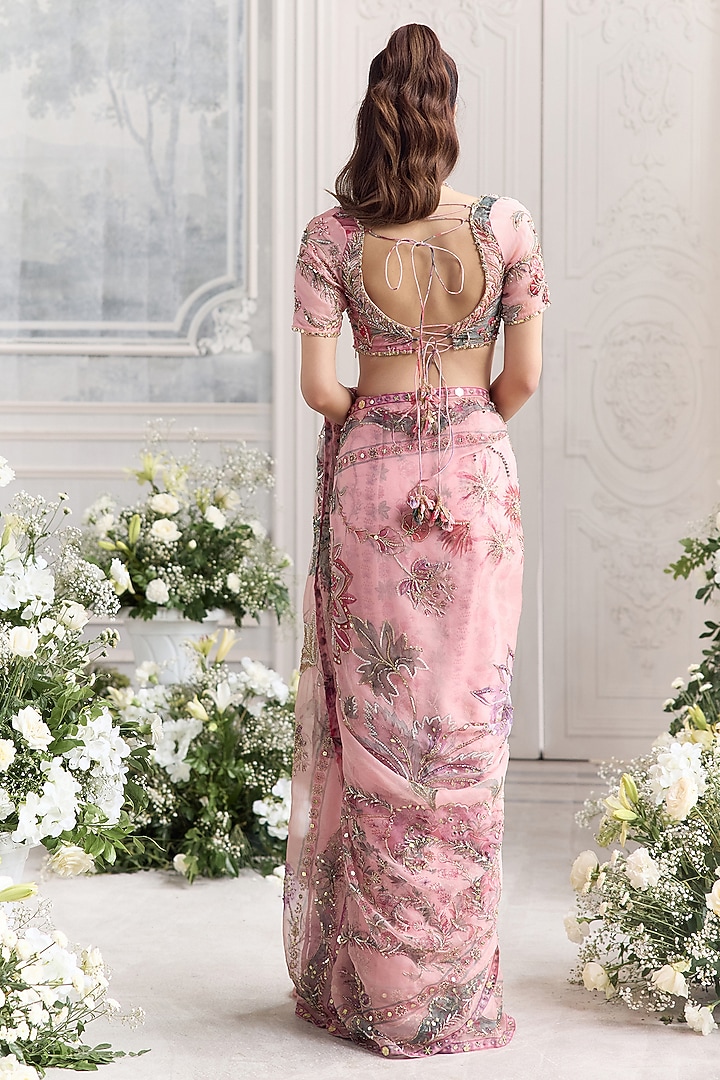 Blush Pink Silk Organza Embroidered Pre-Draped Reception Saree Set by Mahima Mahajan at Pernia's Pop Up Shop