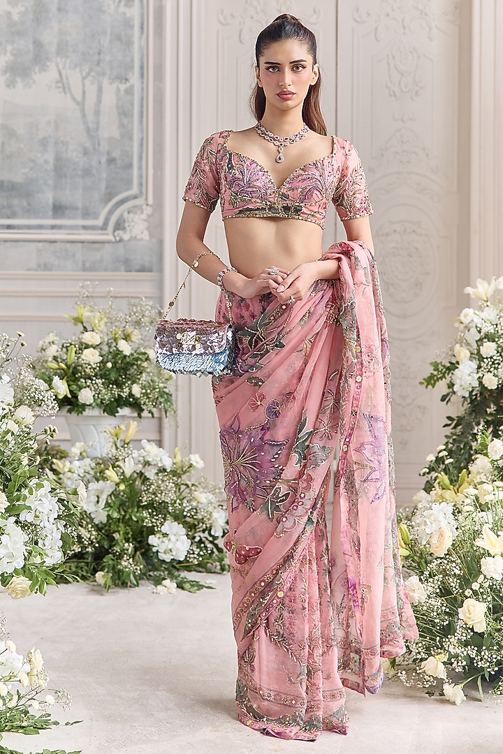 Blush Pink Silk Organza Embroidered Pre-Draped Reception Saree Set by Mahima Mahajan at Pernia's Pop Up Shop