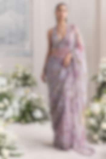 Lilac Silk Organza Embroidered Pre-Draped Reception Saree Set by Mahima Mahajan at Pernia's Pop Up Shop