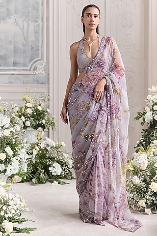 Lilac Silk Organza Embroidered Pre-Draped Saree Set by Mahima Mahajan