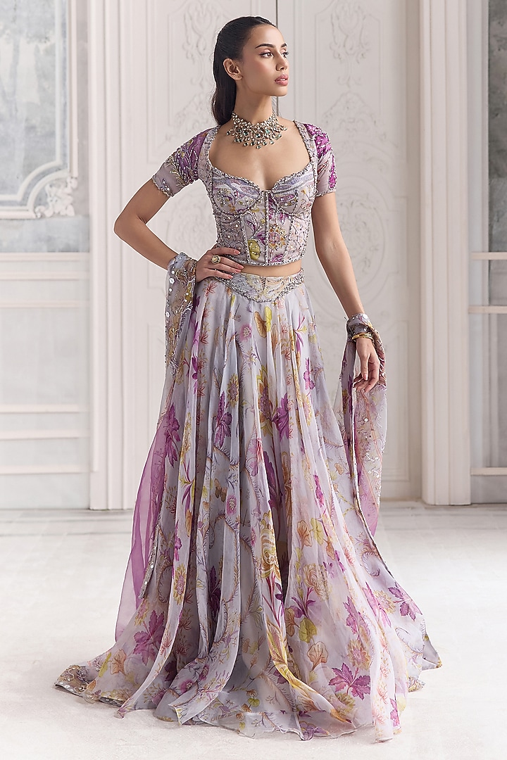 Lilac Silk Organza Floral Printed Wedding Lehenga Set by Mahima Mahajan at Pernia's Pop Up Shop