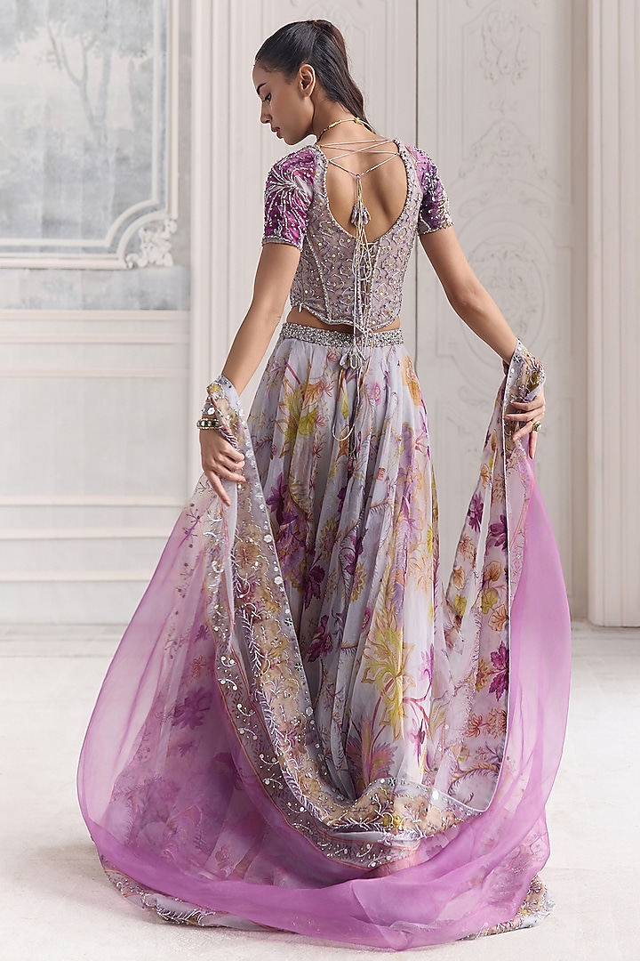 Lilac Silk Organza Floral Printed Wedding Lehenga Set by Mahima Mahajan at Pernia's Pop Up Shop