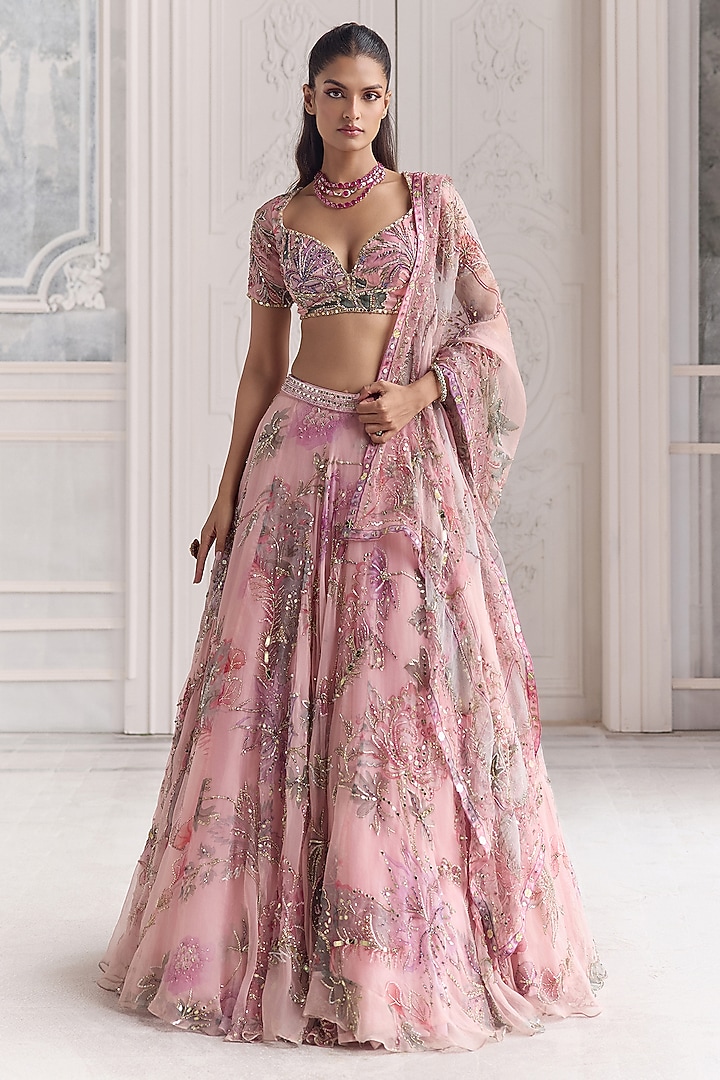 Blush Pink Silk Organza Embroidered & Printed Bridal Lehenga Set by Mahima Mahajan at Pernia's Pop Up Shop