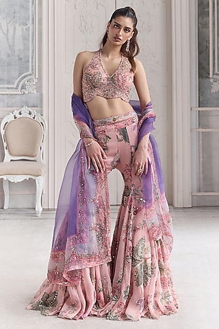 Blush Pink Silk Organza Embroidered Sharara Set by Mahima Mahajan