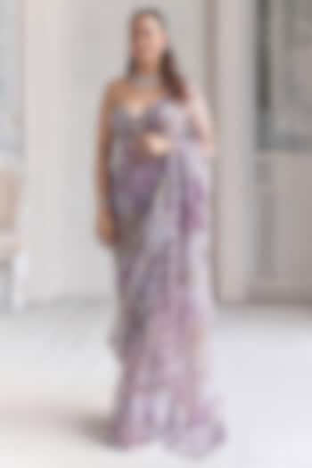 Lilac Silk Organza Printed Pre-Draped Reception Saree Set by Mahima Mahajan at Pernia's Pop Up Shop