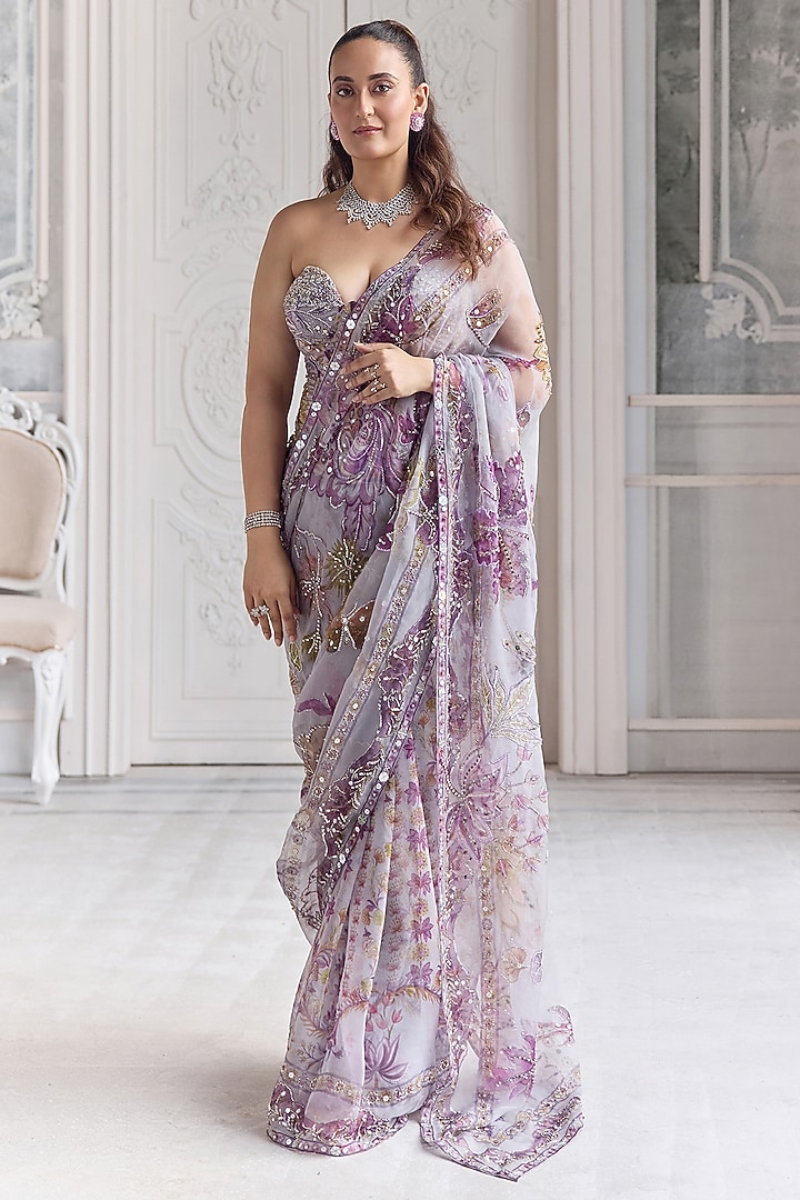 Lilac Silk Organza Printed Pre-Draped Reception Saree Set by Mahima Mahajan at Pernia's Pop Up Shop