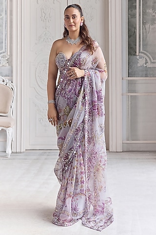 Lilac Silk Organza Printed Pre-Draped Saree Set by Mahima Mahajan